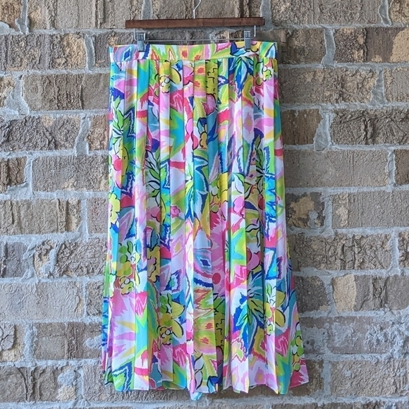 Louis Ferand Vibrant Tropical Floral Pleated Maxi Skirt Side Slits Size 14 - Picture 1 of 11